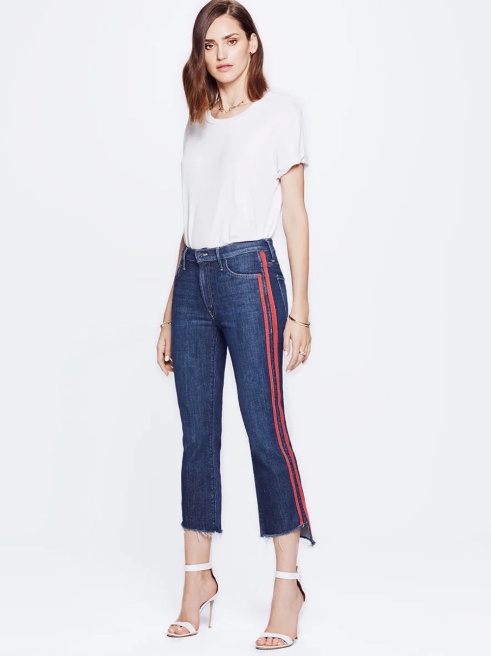 MOTHER Dark Blue Cropped Jeans with Red Side Stripe 32